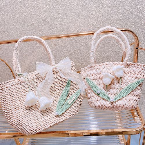 HD6296 Romantic Summer~Handmade Knitted Crochet Pearl Flower Girl Lining Grass Weave Vacation Bag Tote Bag