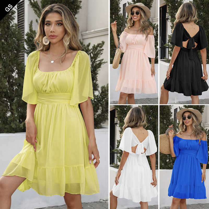 Special Offer Amazon's Popular Women's Summer Chiffon Dress Pullover with Bow Tie Waist and Elegant A-Line Skirt