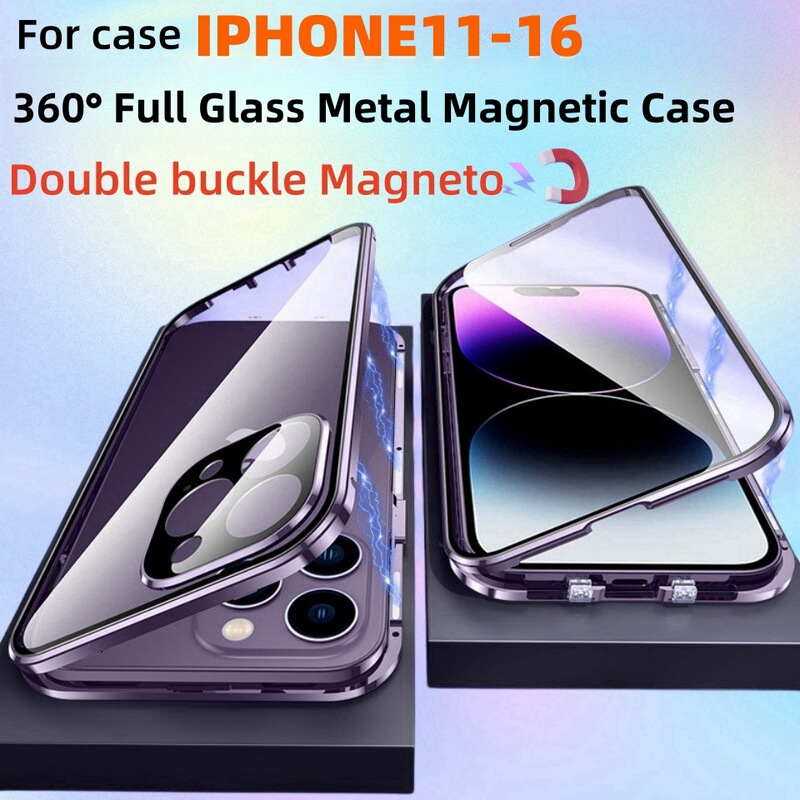iPhone17用ケース、マグネット式、Apple 16対応、ダブルバックル、両面ガラス保護フィルム、メタル磁気吸着ケース|undefined