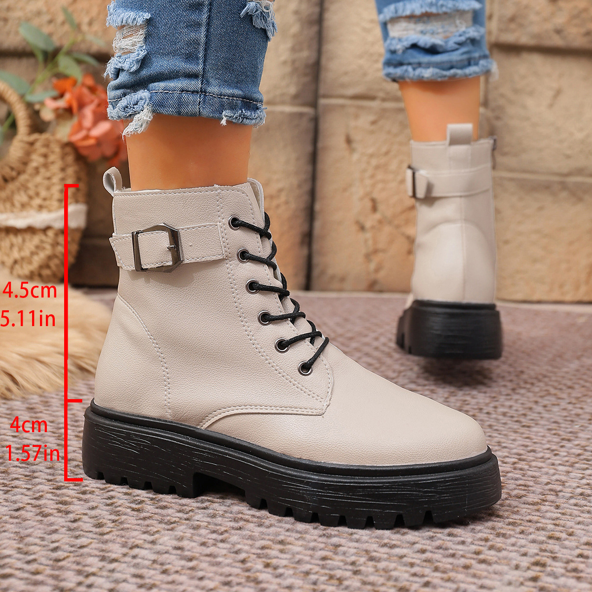Women's Round Toe Ankle Boots With Side Zipper And Belt Buckle_voghion.com