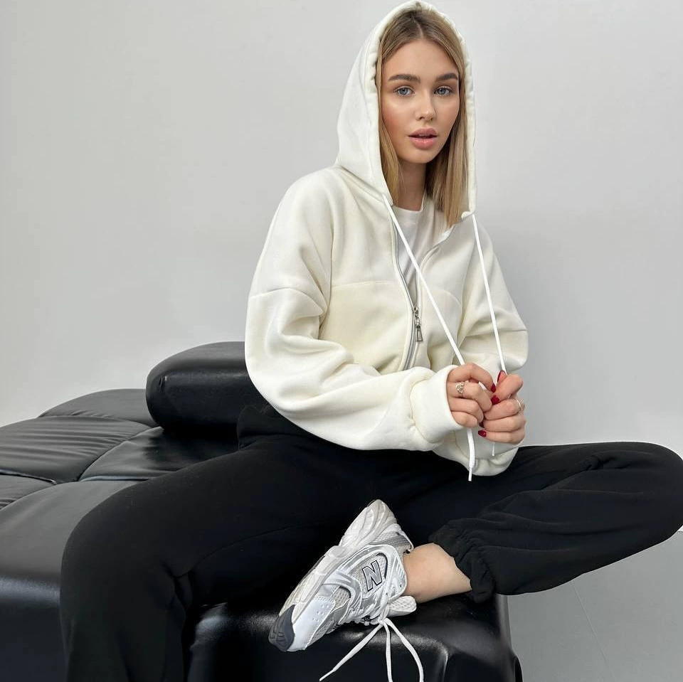 Короткая куртка‑худи на молнии, европейский стиль, однотонный повседневный свитшот