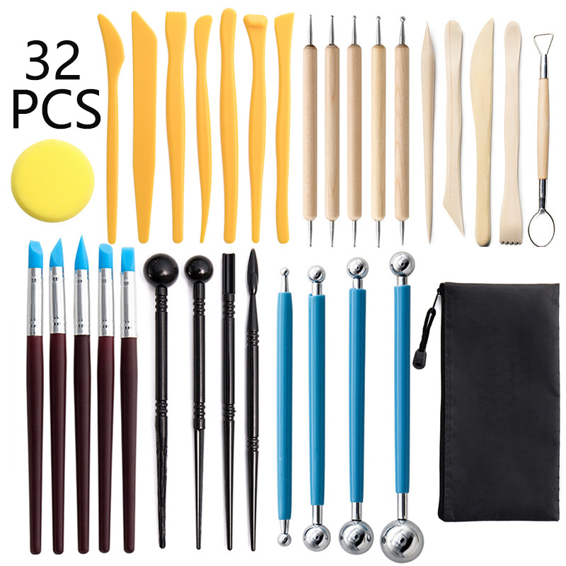 Herramientas de cerámica transfronterizas 32 unidades traje cuchillo de talla de piedra esponja de arcilla de plástico hecho a mano píldora stick taladro de silicona pluma