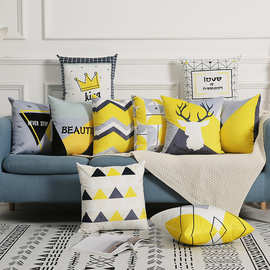 亚马逊抱枕靠垫套黑白黄色条纹几何格子客厅沙发印花床头抱枕套