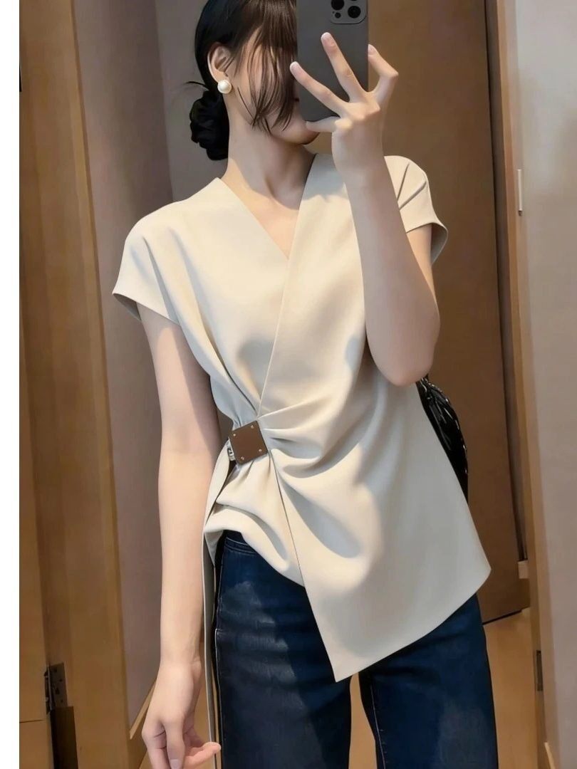 Áo sơ mi ngắn tay cổ chữ V phong cách Hàn Quốc, dáng ôm nhẹ, phối đồ đa năng — màu mơ chi tiết 1
