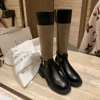 牛皮版~2026复古拼色皮带扣圆头粗跟真皮中长筒瘦瘦骑士靴女秋冬