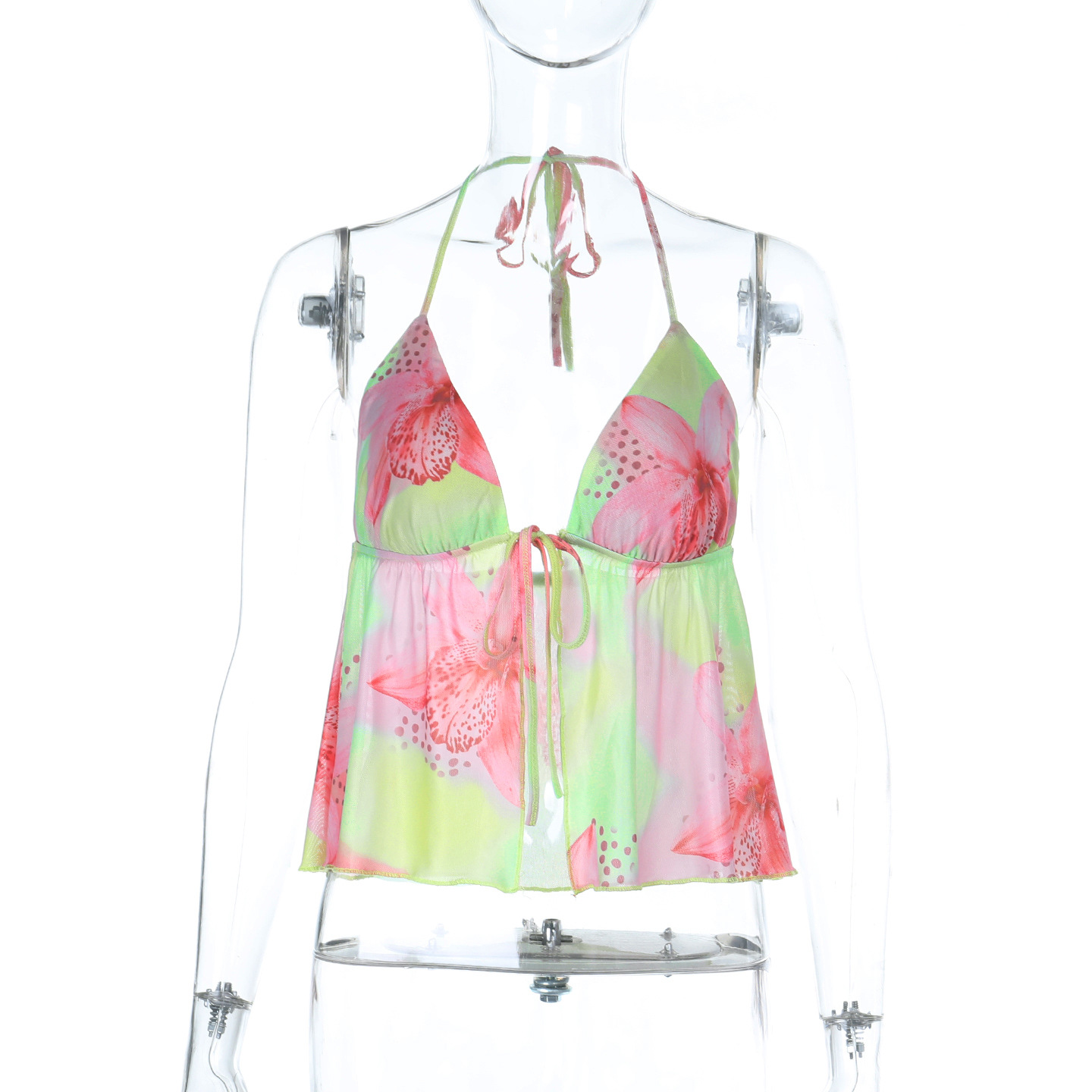 Summer Seaside Vacation Printing Color Contrast Lace up Halterneck Hollow Out Cutout Camisole Women