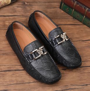 Men's genuine leather snake pattern European station big brand trendy casual driving driver slip-on round toe lightweight men's shoes