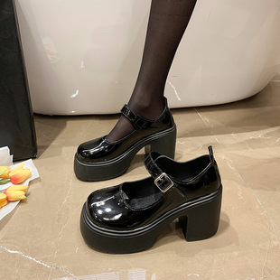 Bright High-heeled Leather Shoes 2025 Spring and Summer New Black Thick-heeled Platform Shoes All-match French Retro Women's Shoes