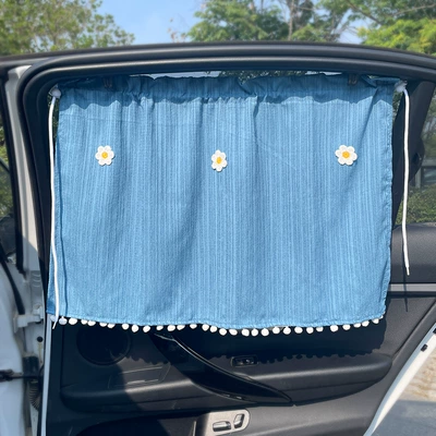 Car curtains — All-Season Pull-Out Curtain with Suction Cups - sea-blue-three-little-flowers-car-curtain-1-piece-free-suction-cup-rope