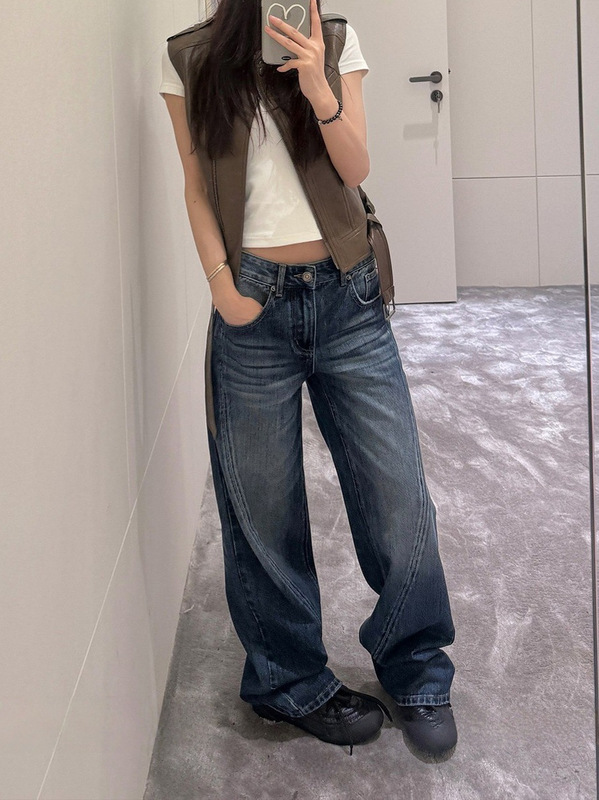 SUNONEON 美式复古水洗低腰牛仔裤女早秋宽松直筒小个子休闲裤子|undefined