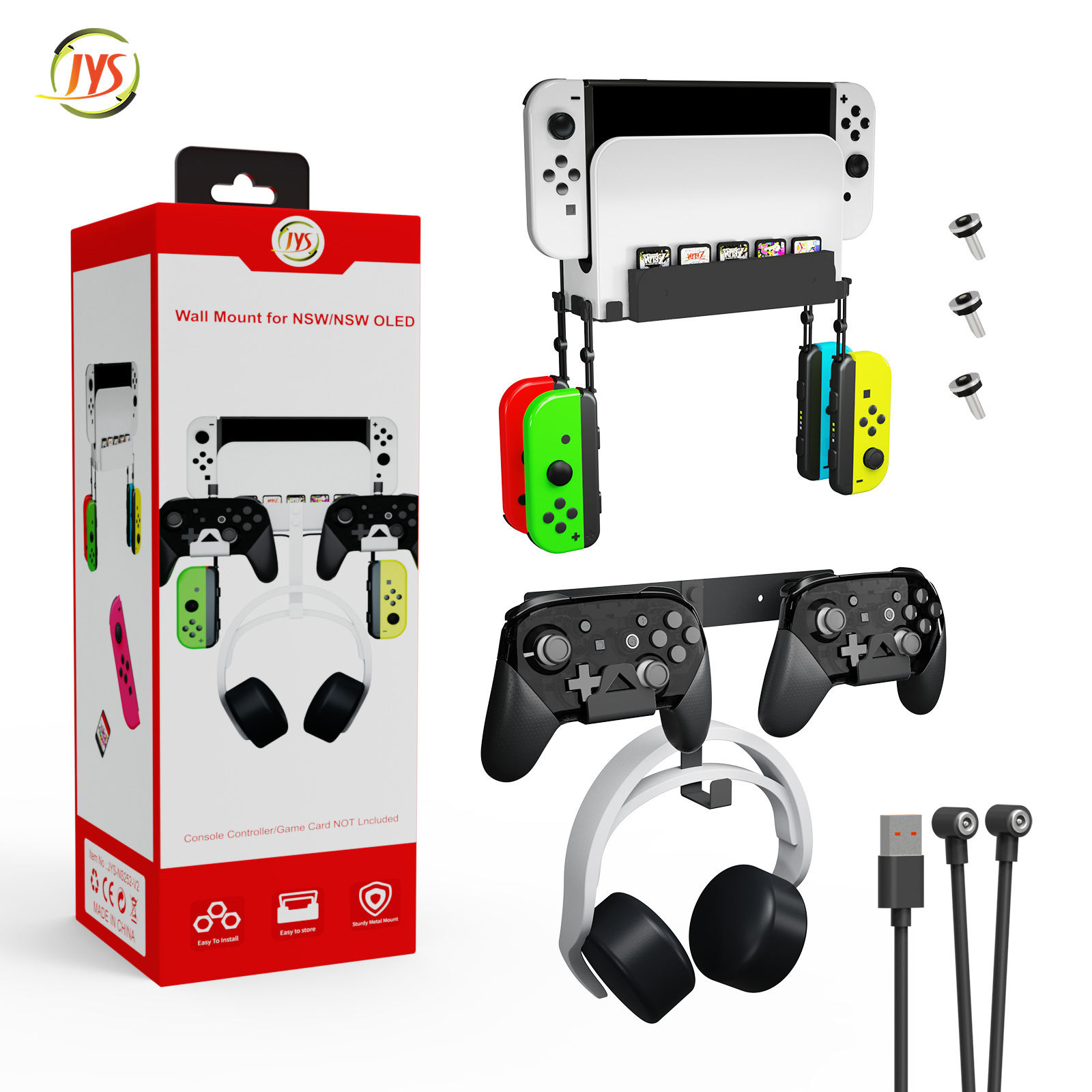 Switch/SwitchOLED dos en un soporte de pared con mango de host con una salida y dos cables de carga magnéticos