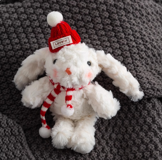 Bufanda roja y blanca, rubor, orejas colgantes de conejo