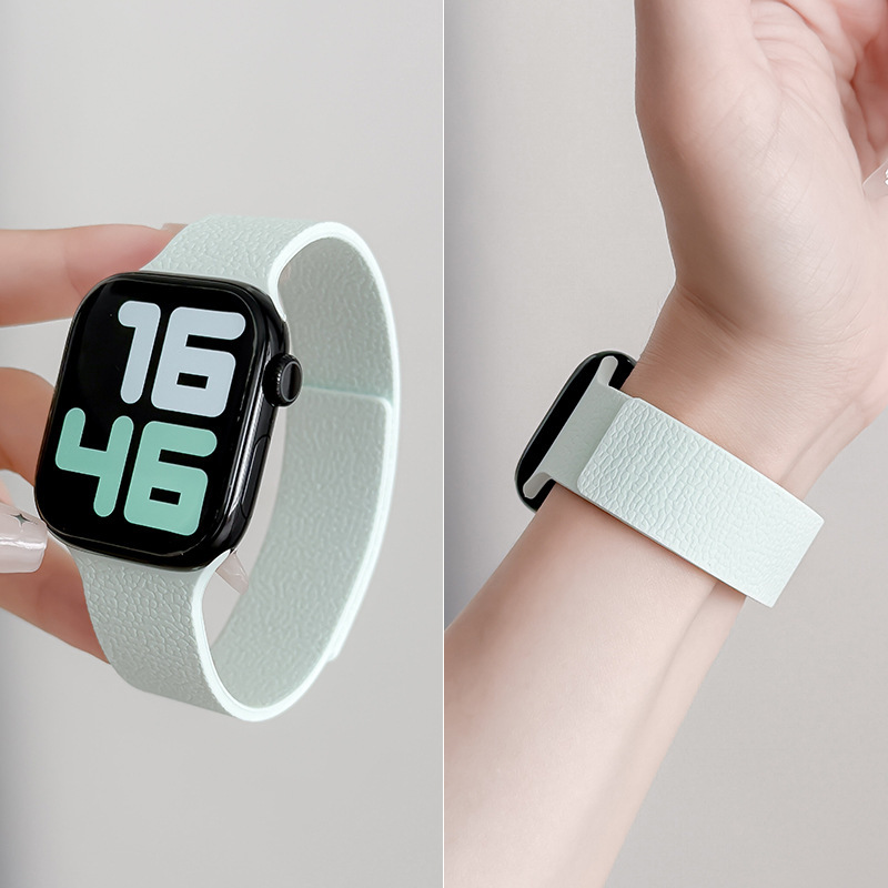 Lychee Leather Texture Silicone Suitable for Iwatch11 Apple Watch S10 Strap Applewatch9 Magnetic Suction S8 Women's Model