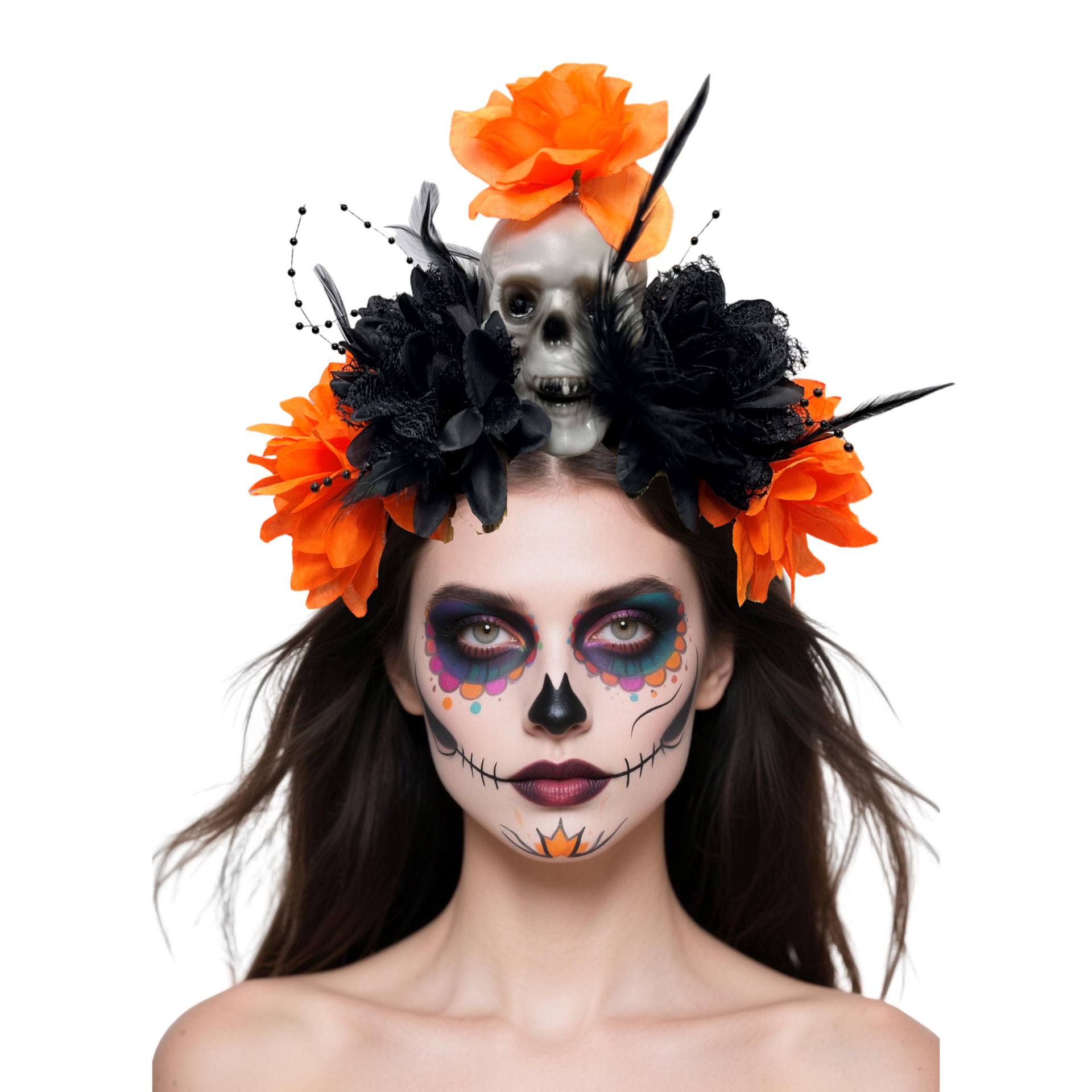 Día de los Muertos Diadema de Calavera Fiesta cos Tocado de cos Diadema de flor artificial de Halloween Tocado de cráneo de terror oscuro