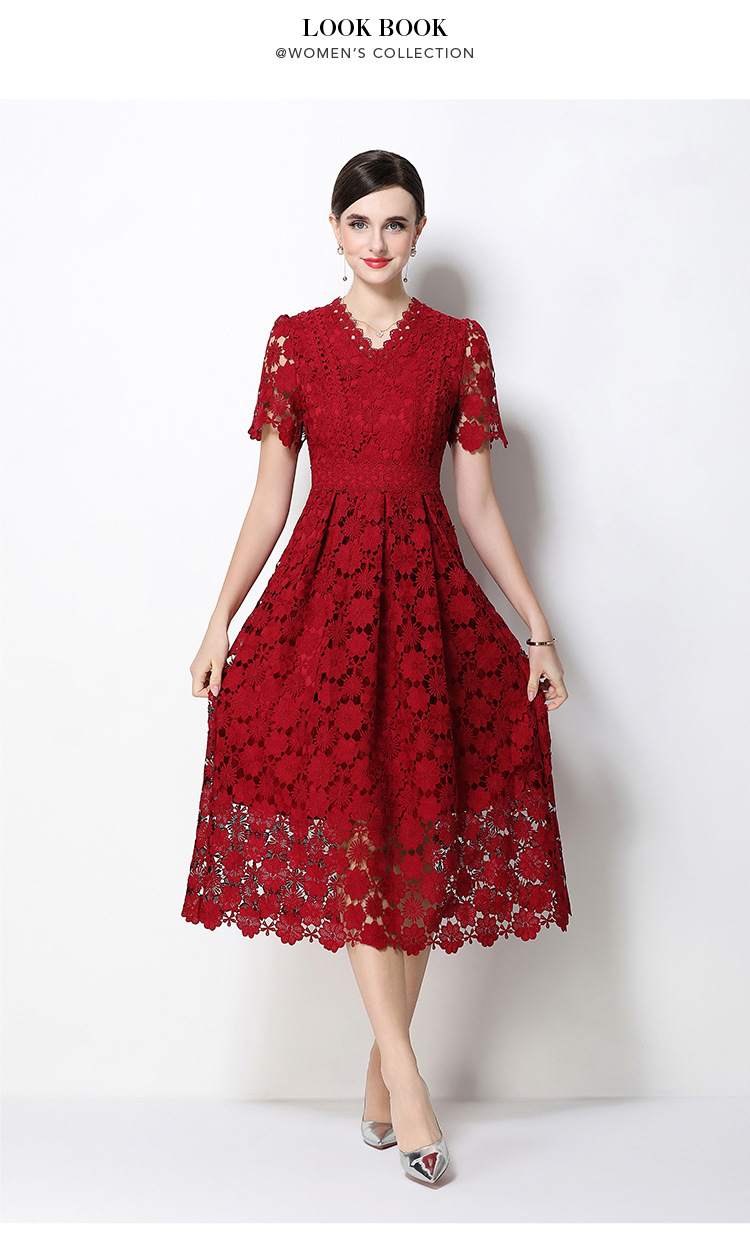 Đầm maxi nữ cổ V ren thắt eo tay ngắn họa tiết rỗng — màu đen, Rượu vang đỏ, màu hồng đậm, màu trắng chi tiết 46