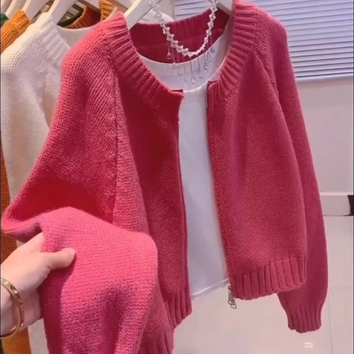 Lazy Feeling Solid Color Short Cardigan Jacket for Women Autumn Korean Style Loose Lazy Outerwear Zipper Knit Top