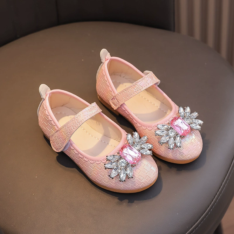 Children's leather pointed‑toe shoes with bow, Mary‑Jane style, sizes 21–36, pink or off‑white