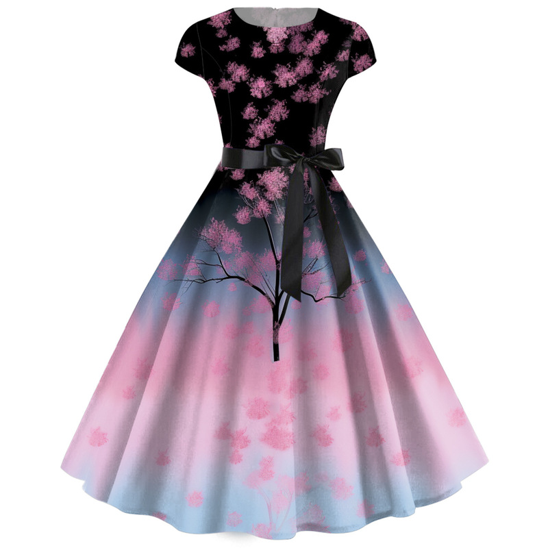 Cross-Border Hepburn-Style Hong Kong Retro 50S Slimming Women's Elegant Printed Waist-Cinching Flared Dress