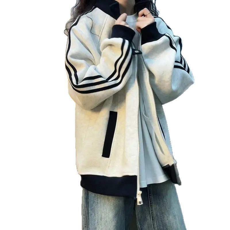 Áo khoác hoodie nữ dáng rộng phong cách bóng chày tay dài phối màu, dài áo 50–65 cm — Màu xanh tím than, Trắng hoa xám