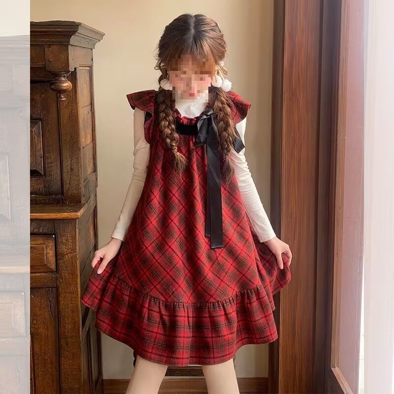 春秋季减龄学院风甜美小众复古套装女裙子撞色红格子连衣裙两件套
