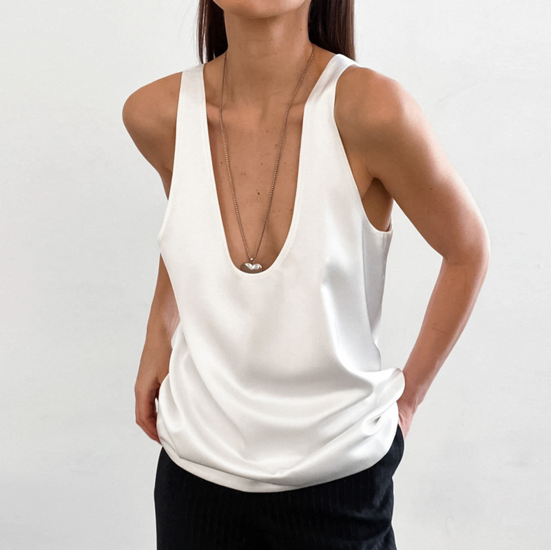 2026 Summer New Solid Color Satin U-Neck Sleeveless T-Shirt European and American Versatile Street Style Tank Top Wholesale for Women 2026 Summer New Solid Color Satin U-Neck Sleeveless T-Shirt European and American Versatile Street Style Tank Top Wholesale for Women