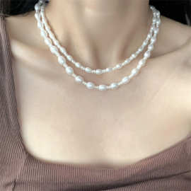 5-6mm+6-7mm淡水珍珠米珠双层项链设计款S925银双排扣子双层项链