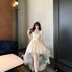2025新型の半個の情話の大きい蝶結びの王女のスカートのジャカードの蓬の細い閃光の尾のワンピースの誕生日のスカート