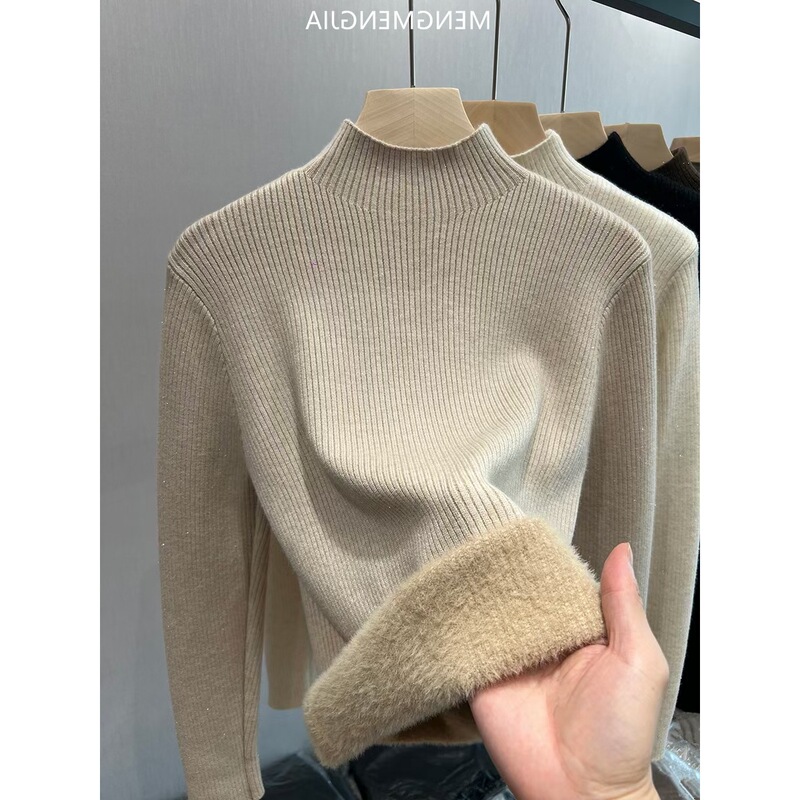 Cross-Border Winter Velvet Thickeneded Knitted Bottoming Shirt for Women, One-Piece Velvet Half Turtleneck Pullover Sweater, Warm Inner Top