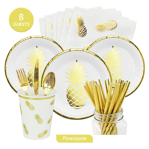 New hot stamping pineapple white disposable tableware paper plate paper cup tissue set adult party wedding decoration