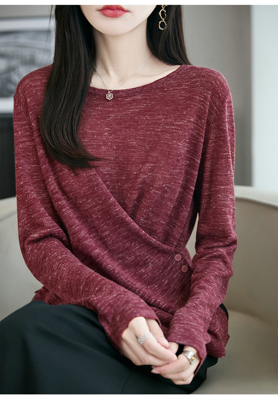 定染幻彩麻早秋亚麻混纺针织圆领气质不规则交叉薄款套头针织衫女|undefined