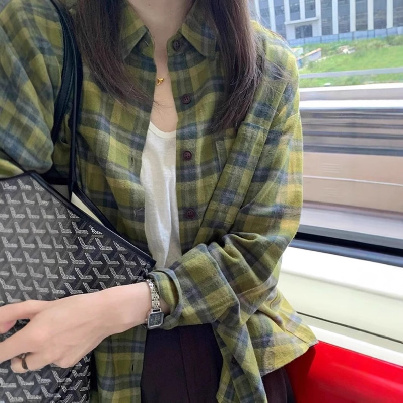 Vintage Hong Kong Style Green Plaid Shirt Women's Spring and Summer Outer Wear Loose Casual Style Top Shirt Coat Women's