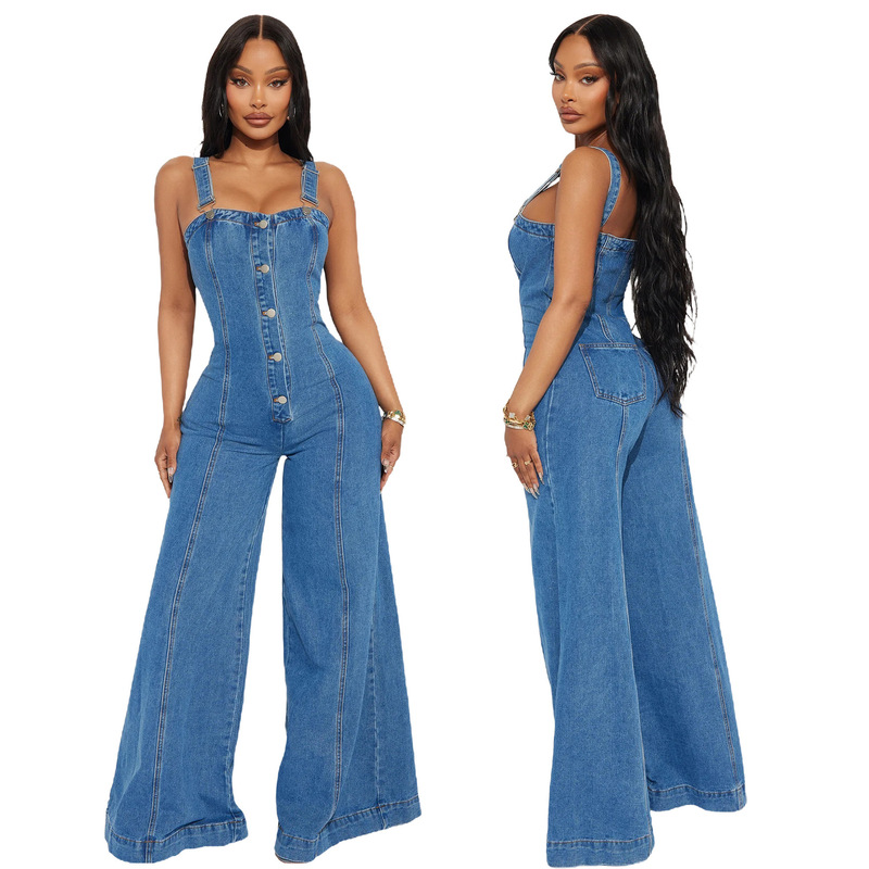 6023 Amazon AliExpress European and American Platform Women's Fashion Casual Sexy Strap Denim Pants Wide Leg Pants