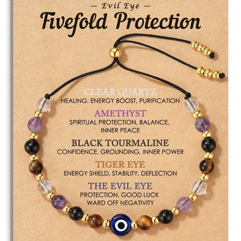Women's Evil Eye Bracelet with Crystal, Chalcedony, Gold Beads, and 4mm Chalcedony Evil Eye Beads