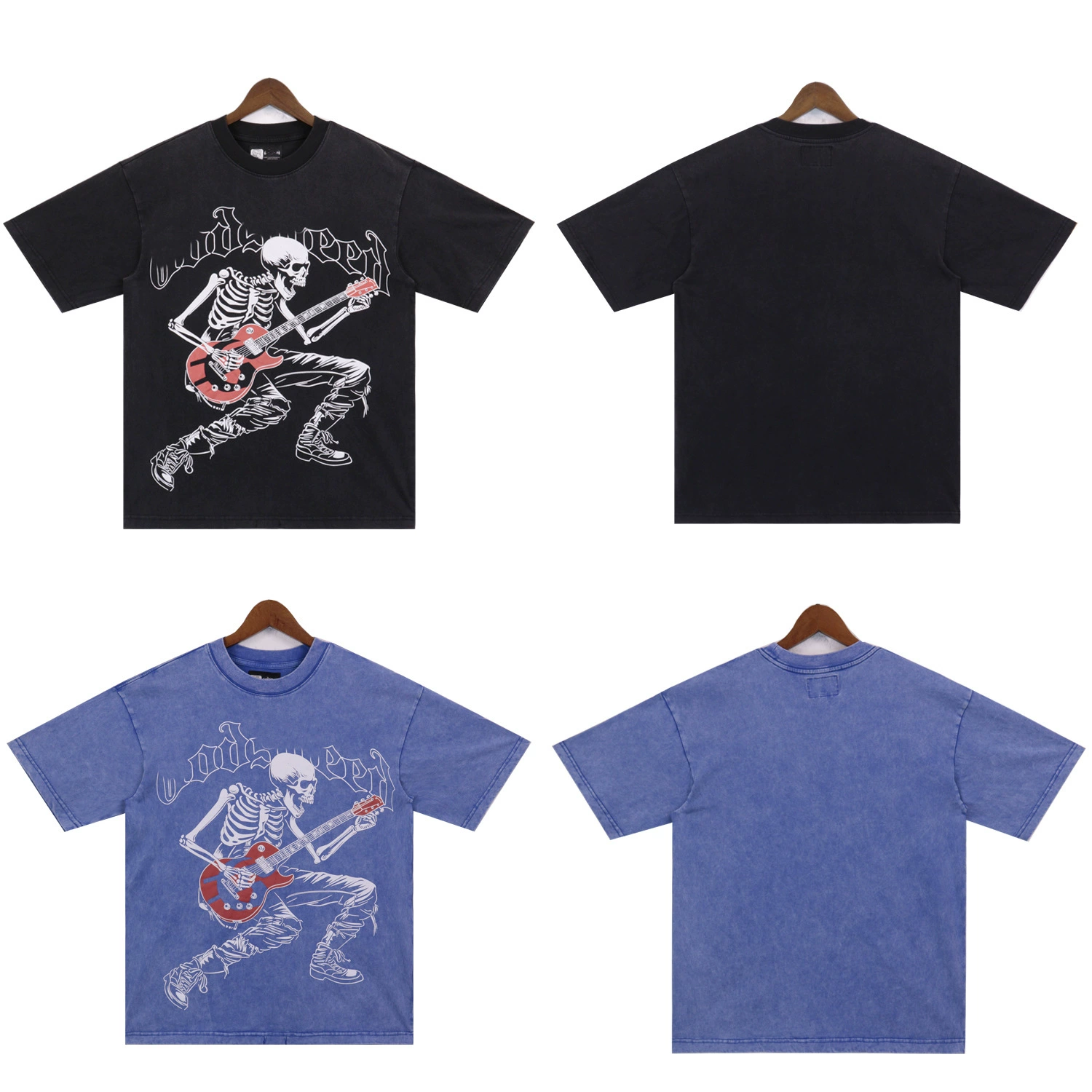Американская модная модная повседневная футболка с короткими рукавами GODSPEED алфавит гитара череп джинсовая футболка