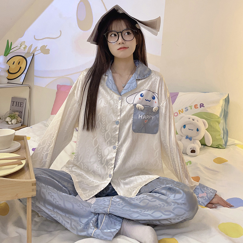 Estilo coreano ins Net estilo rojo pijamas de Seda Hielo Las Mujeres Otoño e Invierno manga larga dibujos animados lindo dulce chica desgaste del hogar traje