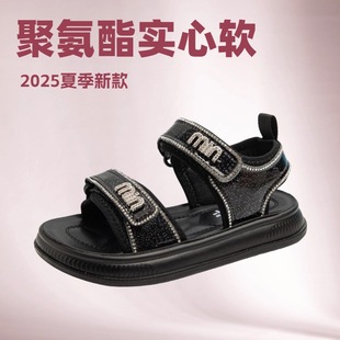2025 Summer New Casual Sandals Girls Shoes Student Sports Soft Bottom Velcro Flat Polyurethane Open Toe