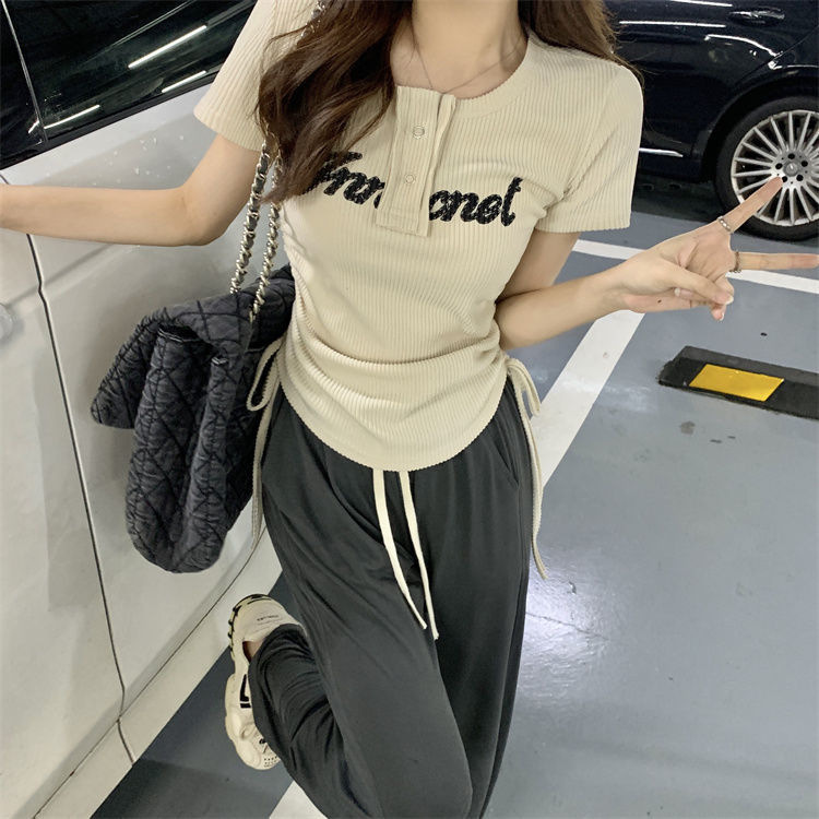 Sommer New Style American Sweet Cool Spicy Girl Kordelzug Kurzarm Abnehmen T-Shirt Ice Silk Weites Bein Lange Hosen_voghion.com