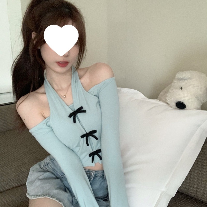 纯欲风挂脖甜美一字肩上衣女短款秋季露肩洋气小众ins修身长袖T恤|undefined