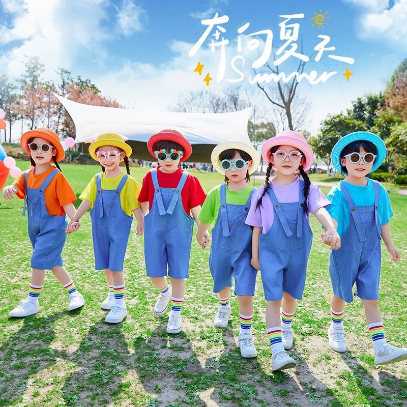 Детская одежда для выступлений, джинсовые комбинезоны ярких цветов, костюм с короткими рукавами, спортивная одежда для детского сада, одежда для выступлений для мальчиков и девочек