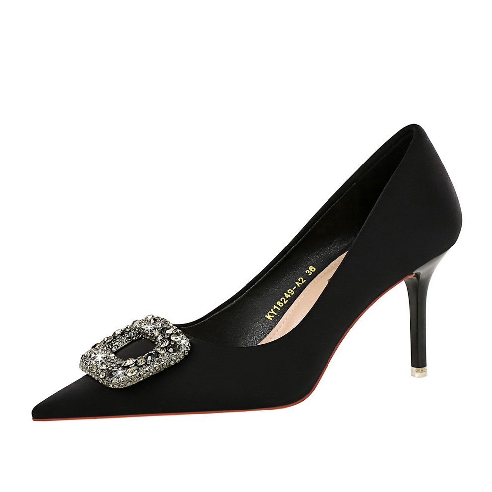 18249-AK83 Style Banquet Women's Shoes Thin Heel High Heel Shallow Mouth Pointed Silk Metal Diamond Button Women's Single Shoes