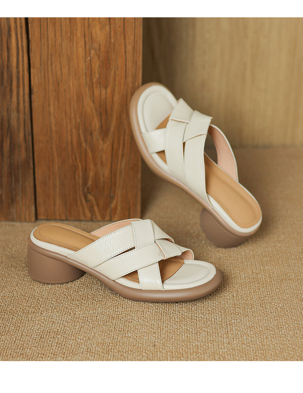 Sandal nữ hở mũi dệt da dê gót cao 7 cm — màu trắng ngà chi tiết 17