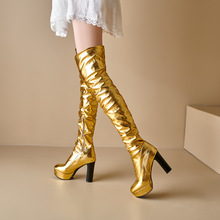2024年秋冬季欧美风外单时尚超高跟40-46金属革厚底过膝长筒靴女