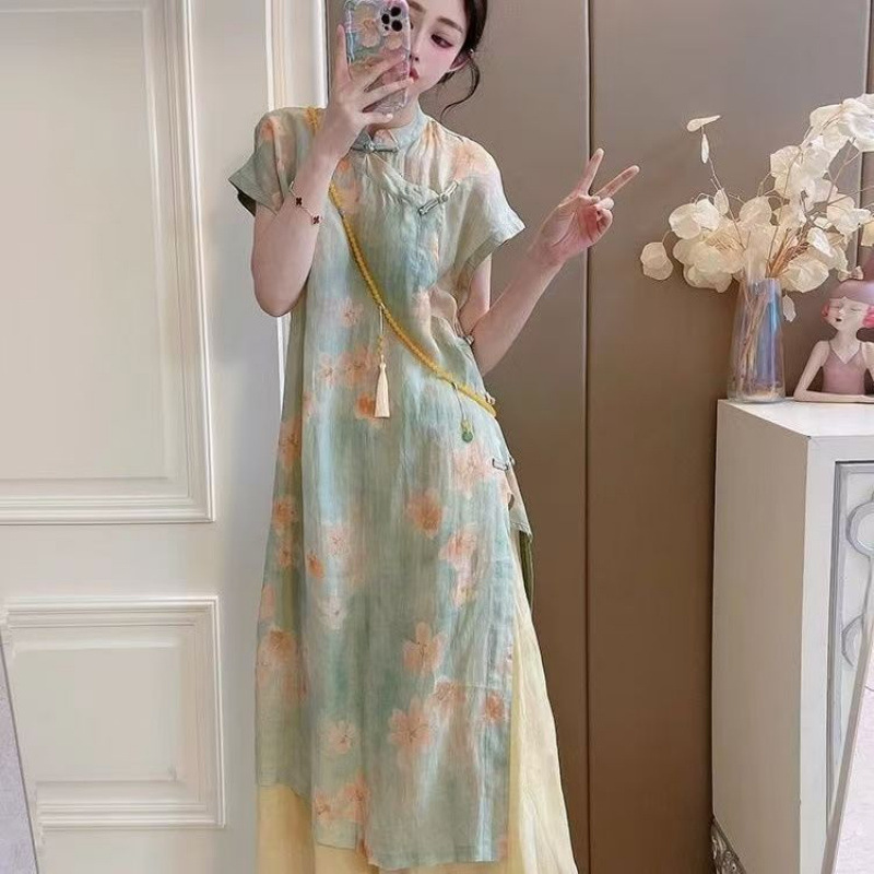 Chinese-Style Women's Mid-Length Dress with Side Slits and a New Chinese-Style Placket Design for Summer 2025 Chinese-Style Women's Mid-Length Dress with Side Slits and a New Chinese-Style Placket Design for Summer 2025
