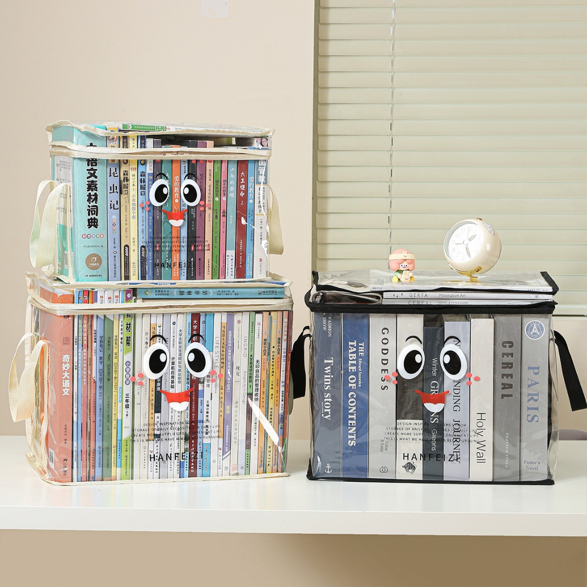 Bolsa de almacenamiento de libros de dibujos animados plegable portátil libros de mano artículos de estudio caja de clasificación caja de almacenamiento a prueba de agua transparente a prueba de polvo