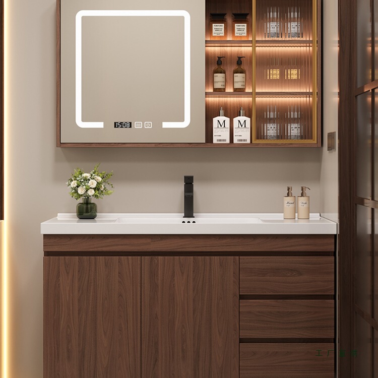 Medieval Style New Chinese Style Solid Wood Bathroom Cabinet Combination Floor Cabinet Ceramic Integrated Wash Basin Storage