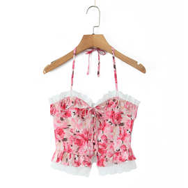 1636-25冬款欧美修身款V领挂脖系带花卉印花荷叶边上衣吊带背心