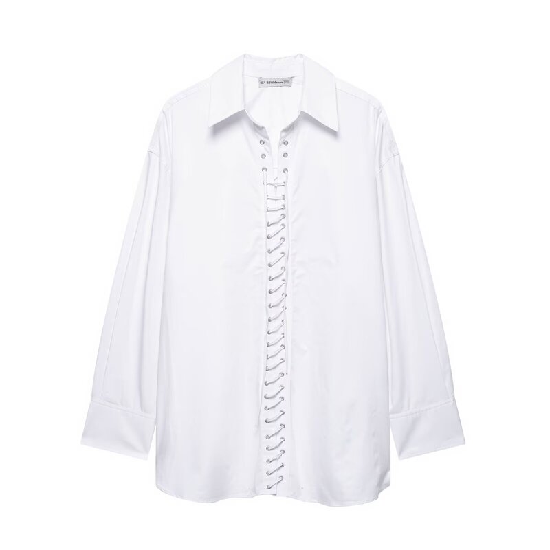 White Women's Mid-Length Front Lace-Up Long-Sleeved Shirt Fashionable Loose European and American Style Personalized Cross-Border New Shirt