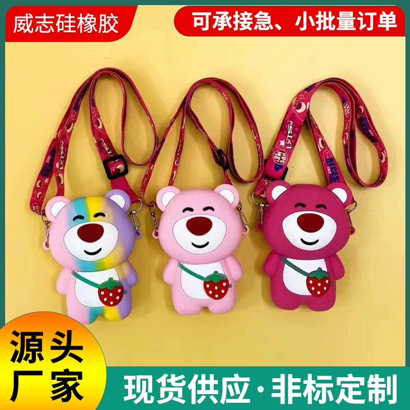 Лидер продаж, детская сумка через плечо, силиконовый кошелек для монет с клубничным медведем, милый студенческий кошелек через плечо для хранения на открытом воздухе