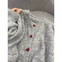 Oversized sweater jacket cardigan, round collar, gray knit with red heart buttons, cozy autumn fit
