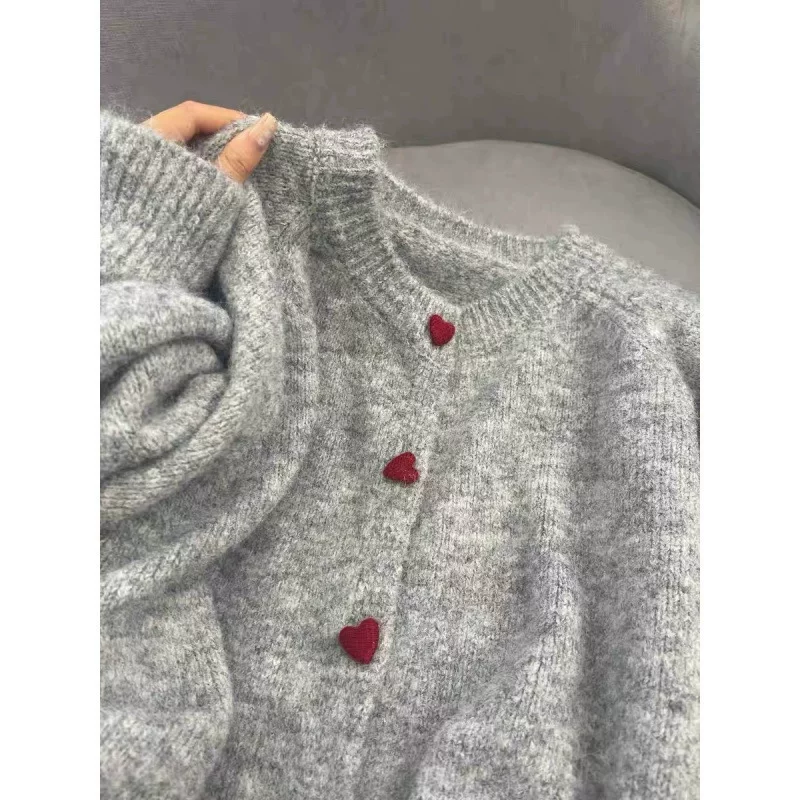 Oversized sweater jacket cardigan, round collar, gray knit with red heart buttons, cozy autumn fit